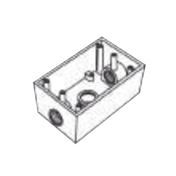 Caja Condulet FS de 1" (25.4 mm ) con tres bocas una arriba y una atrás a prueba de intemperie.