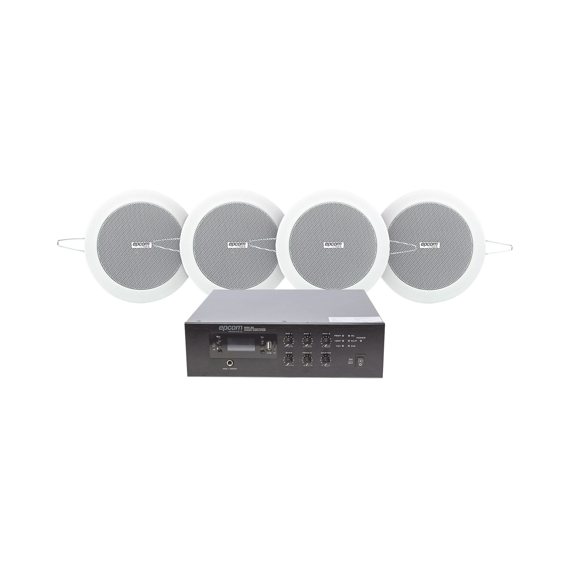 KIT de Amplificador de 120W para Escritorio | 4 Altavoces de Plafón de 4in | 3 - 6W | Sistema 70/100V