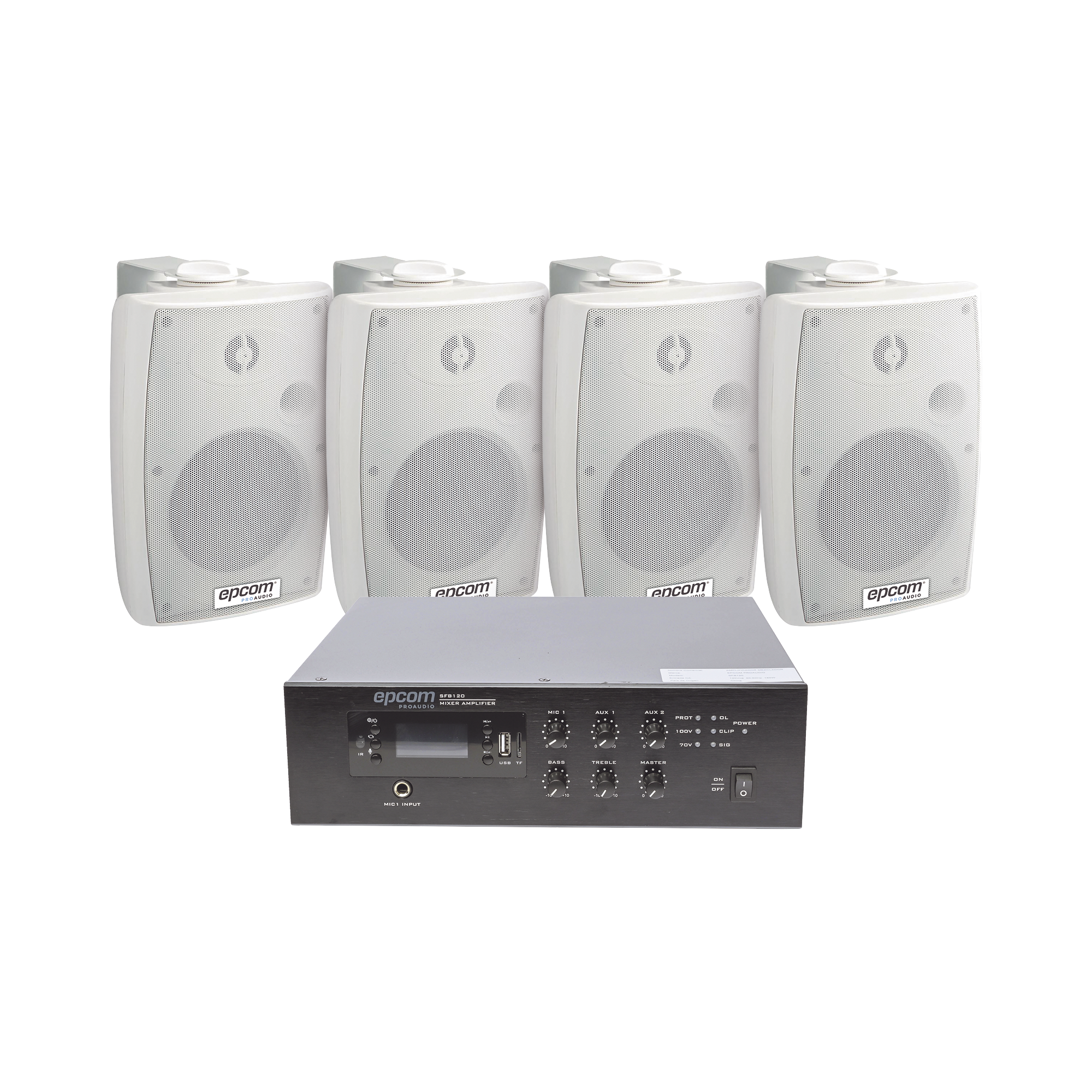 KIT de Amplificador de 120W para Escritorio | 4 Altavoces de Pared color Blanco 2.5W - 20W | Sistema 70/100V