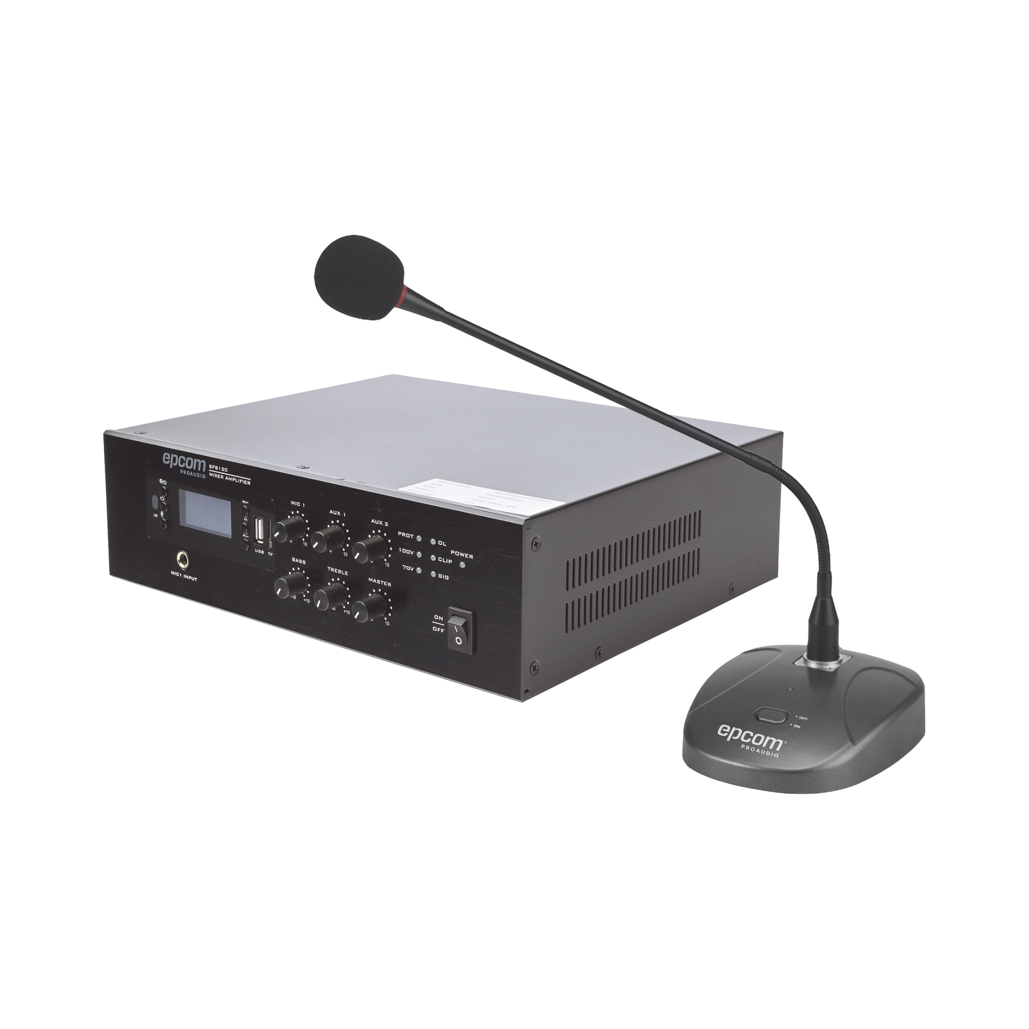 KIT de Amplificador de 120W Modelo SFB120 | más Micrófono de Escritorio Modelo SF621A
