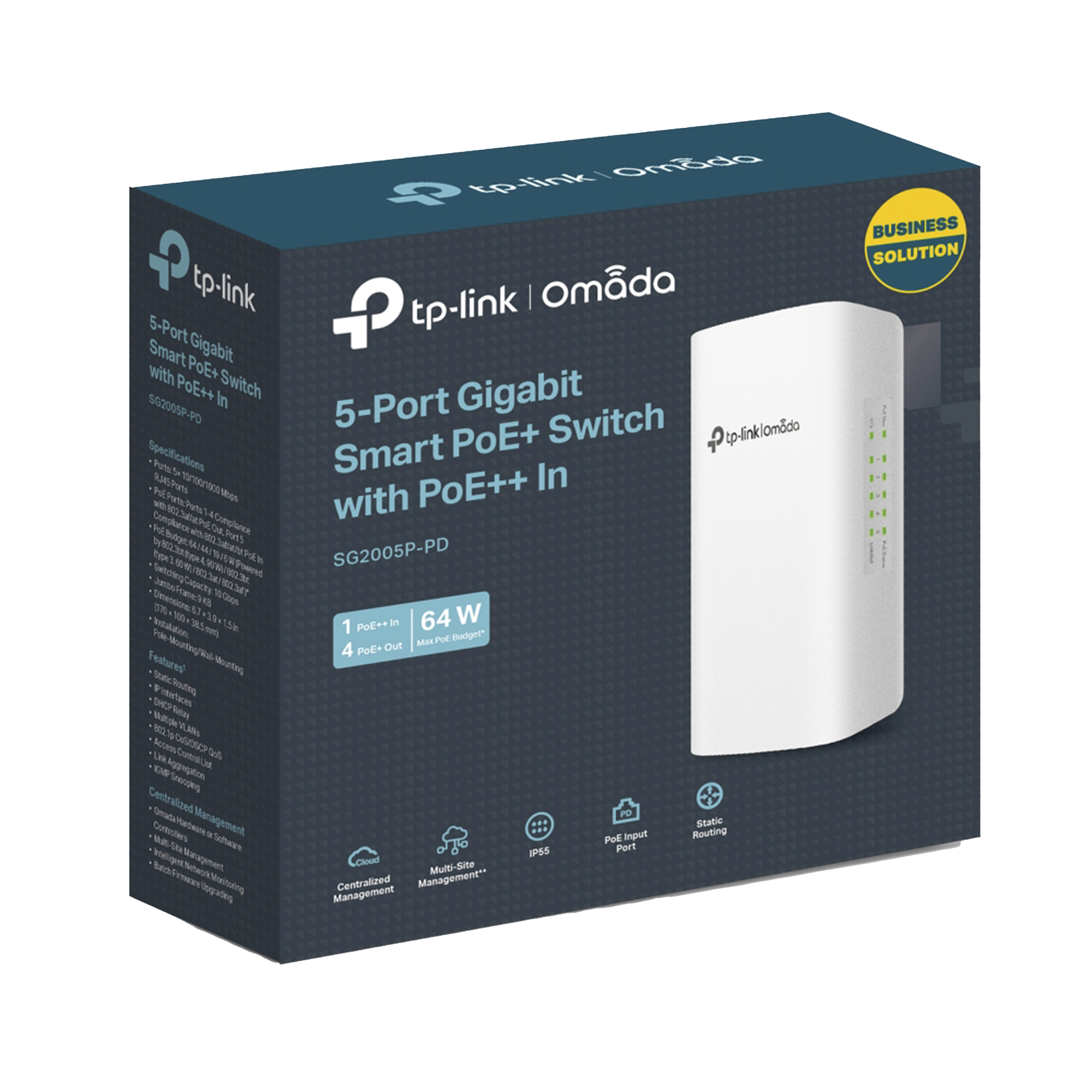 Switch PoE Omada Para Exterior / 1 Puerto PoE++ IN 802.3 af/at/bt / 4 Puertos PoE+ OUT Gigabit / Adminstración Centralizada Omada