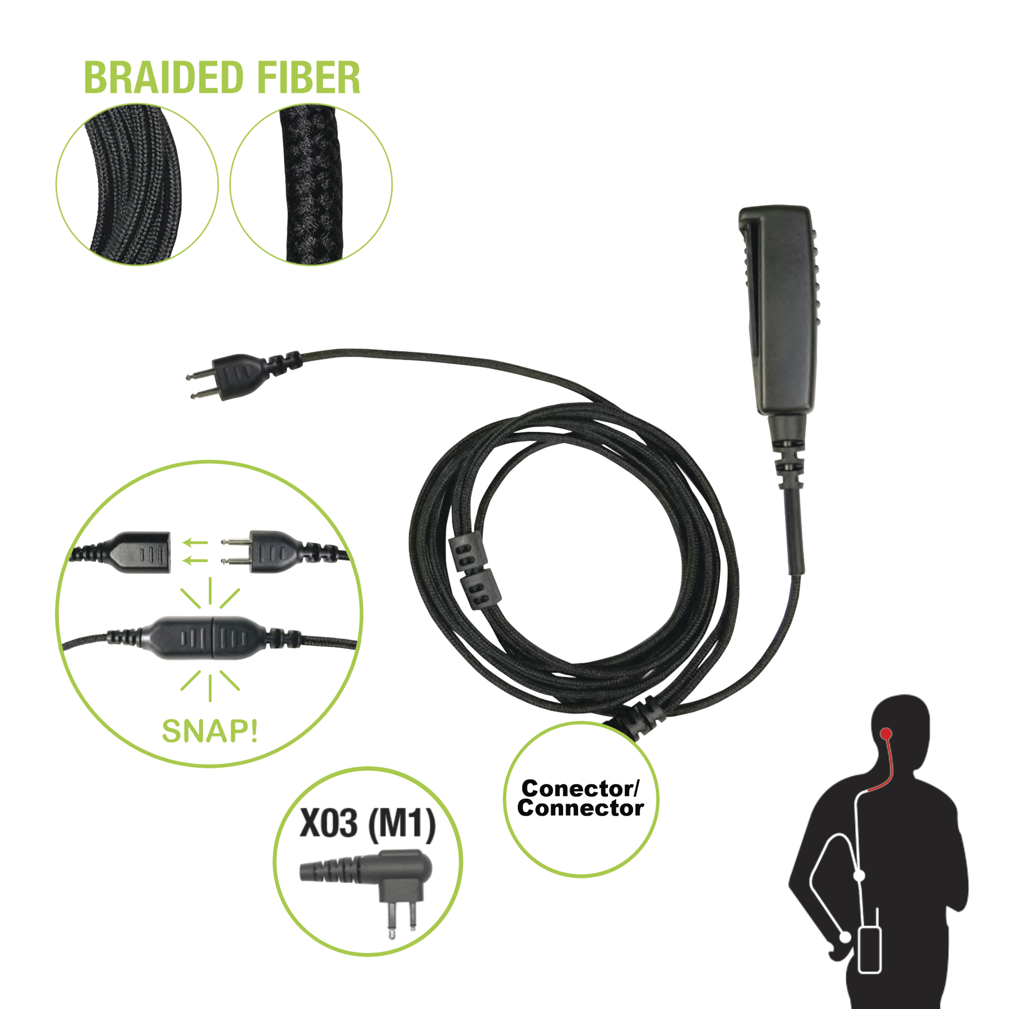 Cable para Micrófono audífono SNAP intercambiable con conector para Radios Hytera  TC500/600/1600 y PD 5.