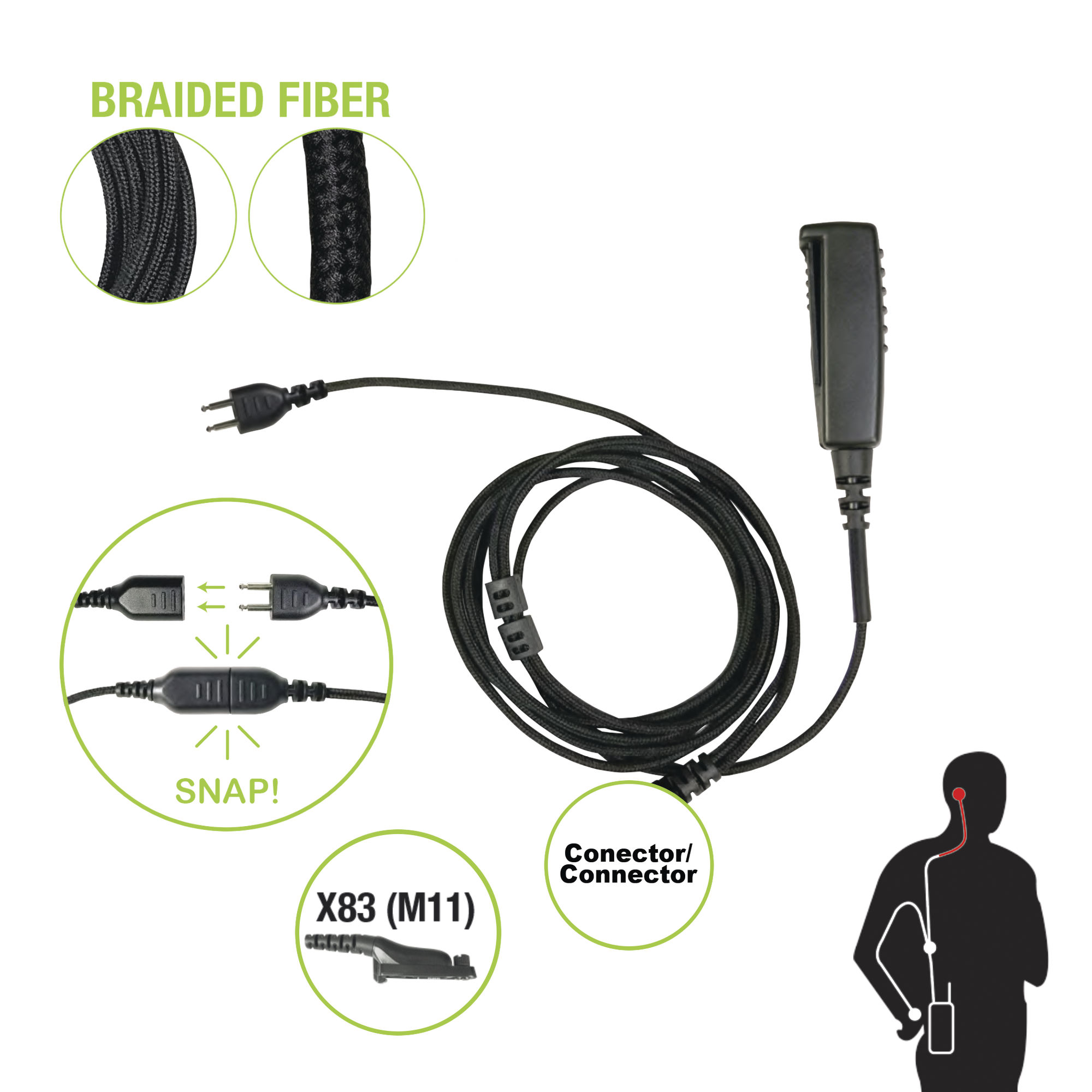 Cable para Micrófono audífono SNAP intercambiable con conector para Radios Motorola APX and TRBO (XPR63xx,65xx, 75xx).