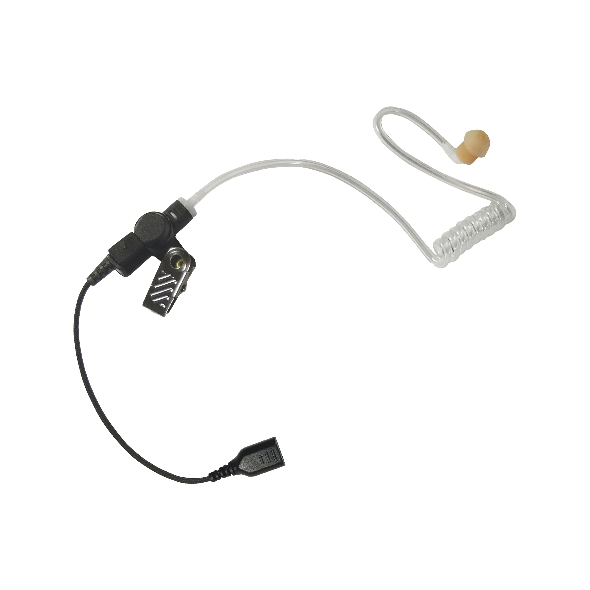 Auricular de tubo acústico transparente con cable de fibra tranzada con conector SNAP tipo MIRAGE. Requiere micrófono de solapa de 1 o 2 hilos de la Serie SNAP.
