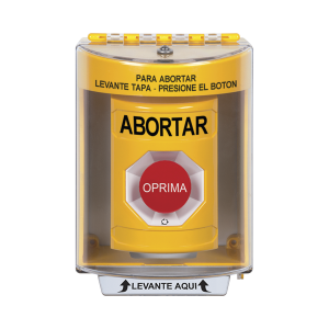 Botón de Abortar, Texto en Español, Tapa Protectora de Policarbonato Súper Resistente, Girar para restablecer