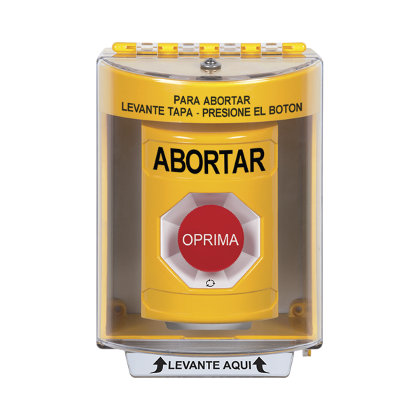 Botón de Abortar, Texto en Español, Tapa Protectora de Policarbonato Súper Resistente, Girar para restablecer