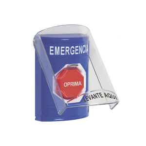 ?Botón Multipropósito, Color Azul, De Superficie, Con Tapa De Policarbonato, Con Bocina Pre Alarma, Para Interior, Llave Para Restablecer, Texto De Emergencia, Español