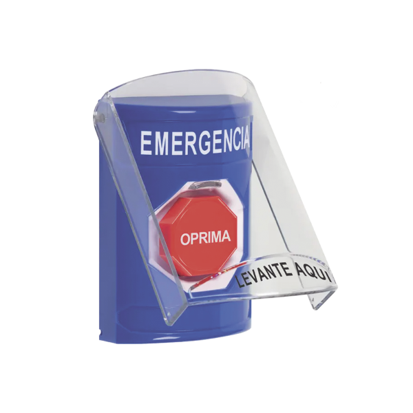 ?Botón Multipropósito, Color Azul, De Superficie, Con Tapa De Policarbonato, Con Bocina Pre Alarma, Para Interior, Llave Para Restablecer, Texto De Emergencia, Español