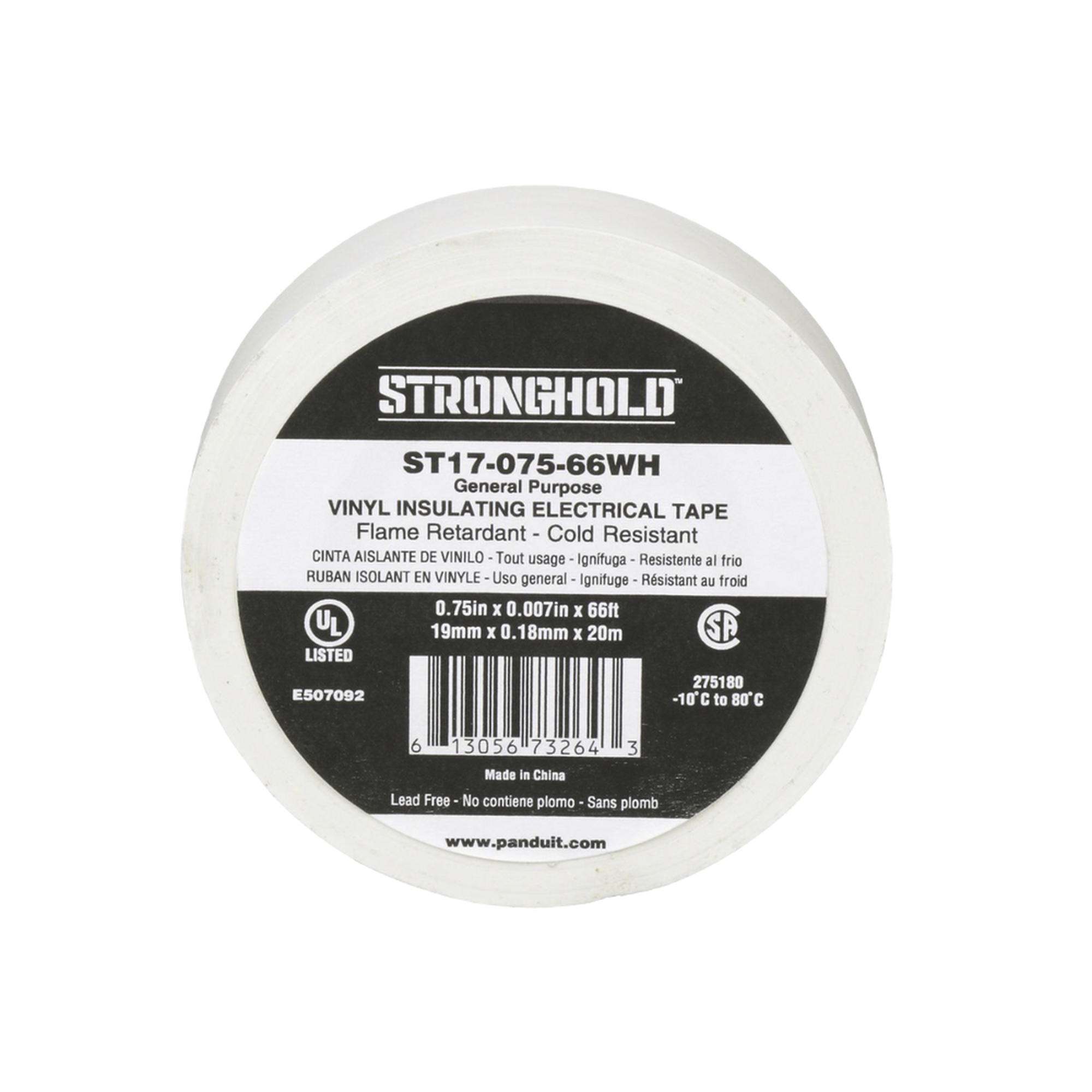 Cinta Eléctrica STRONGHOLD para Aislar, de PVC, Uso General Reparación y Mantenimiento, Grosor de 0.18mm (7 mil), Ancho de 19mm, y 20.12m de Largo, Color Blanco