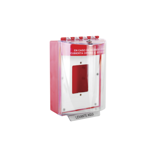 Cubierta Universal De Policarbonato Con Espaciador y Placa De Montaje Interna, Texto De Incendio En Español, Interior/Exterior, Serie Universal Stopper®