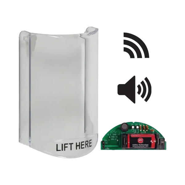 Cubierta Protectora De Policarbonato, Súper Resistente, Con Sonido, Con Transmisor Inalámbrico Para STI-V34104, Texto En Ingles, Para Botones Multiusos Serie Stopper® Station De STI