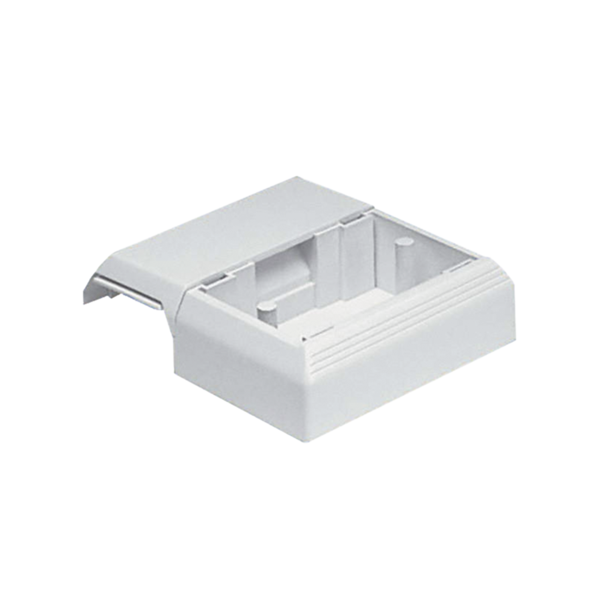 Caja Superficial Con Bisagras de Instalación a Presión, Para Canaletas T45, Material PVC Rígido, Color Blanco Mate