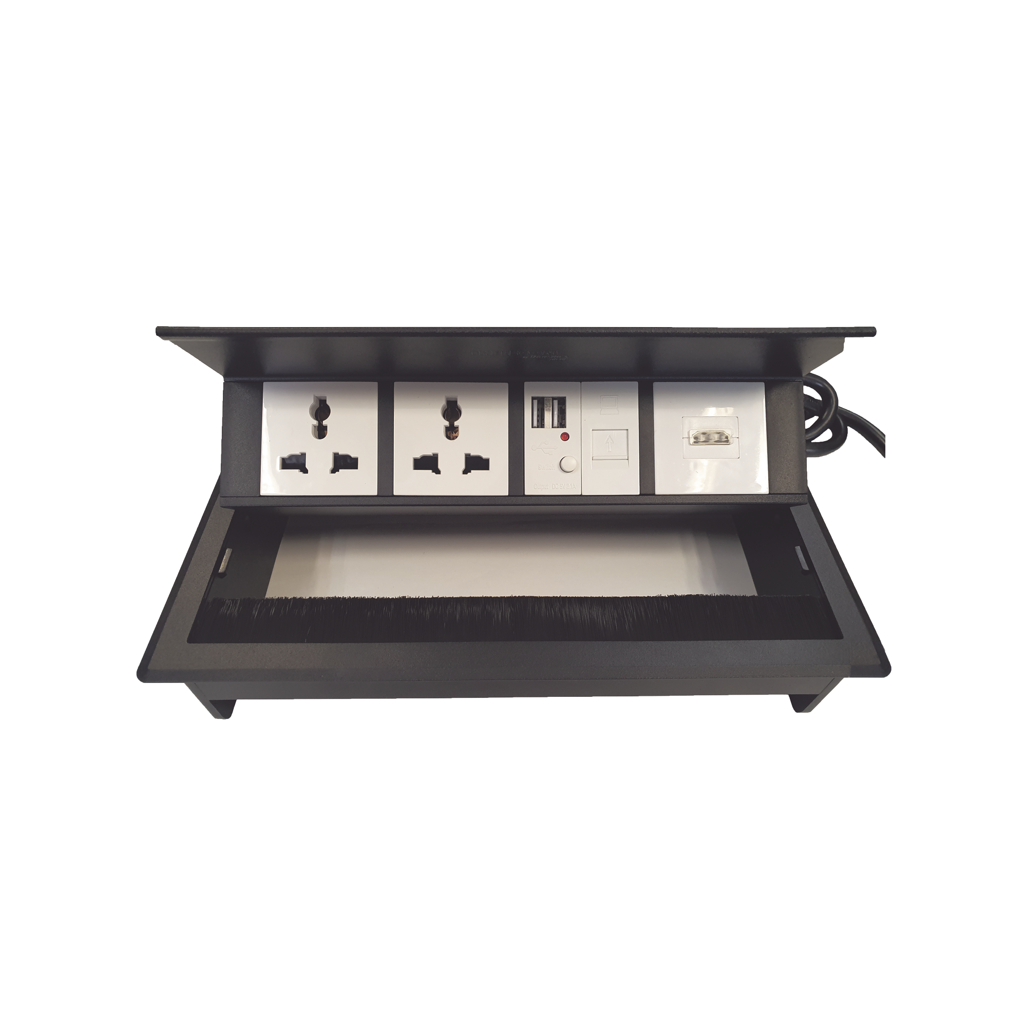 Caja Horizontal tipo Hub para escritorio color negro, con 1 Puerto HDMI Hembra-Hembra, 1 puerto RJ45 Cat6,  2 Puertos USB (Solo carga),  y 2 Contactos eléctricos universales