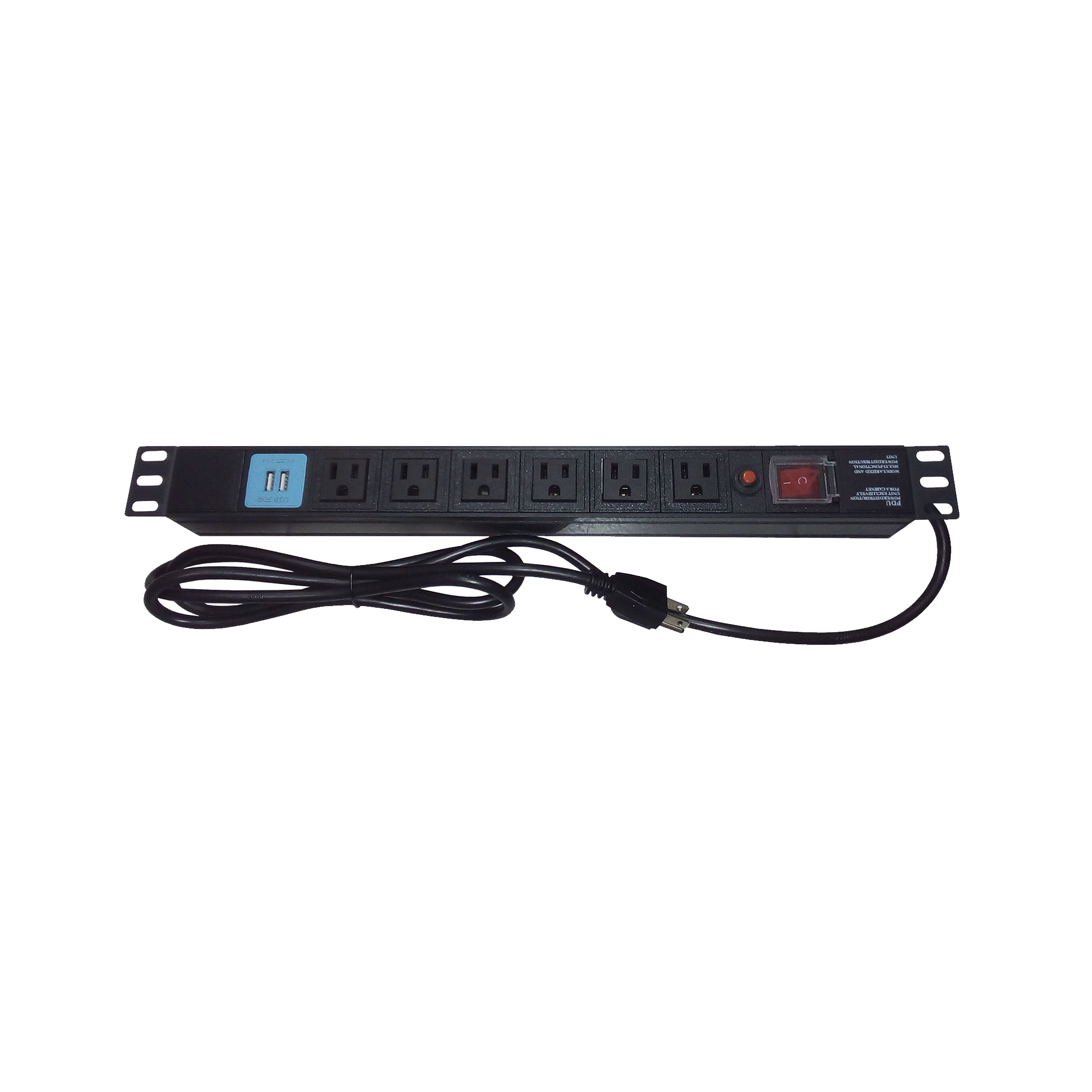 Tomacorriente Horizontal (PDU) de 6 contactos (NEMA 5-15R) + 2 USB para instalación en Rack de 19", 1UR, 125 Vca/ 15 A (THE0040091001001)