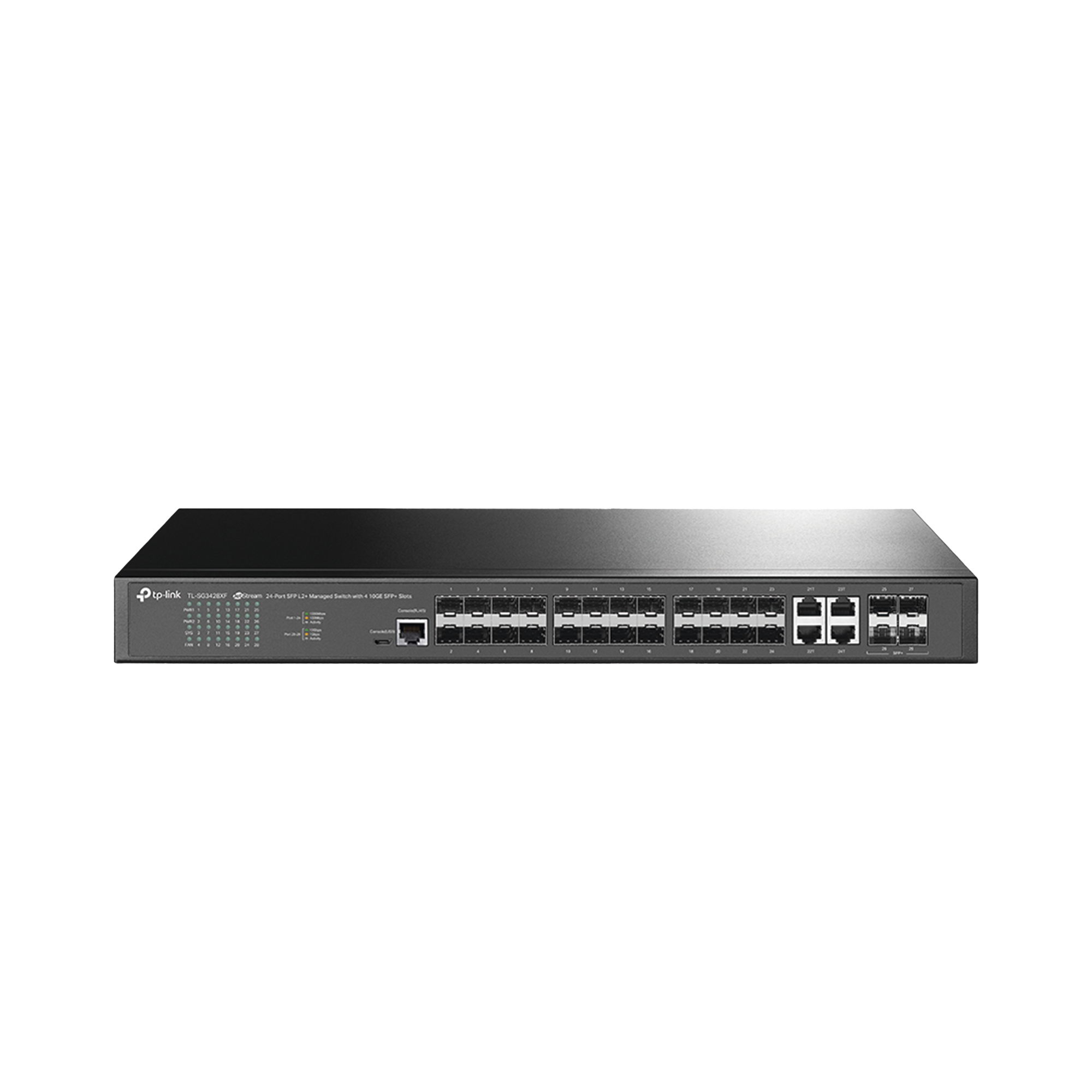 Switch de Fibra Óptica L2+ Omada / 24 puertos SFP 1GE / 4 Puertos Combinados SFP+/RJ45 Gigabit / 2 Puertos Consola RJ45|micro-SUB / Administración Centralizada Omada o Stand-Alone / Compatile con IPv6 /  Multicast IGMP