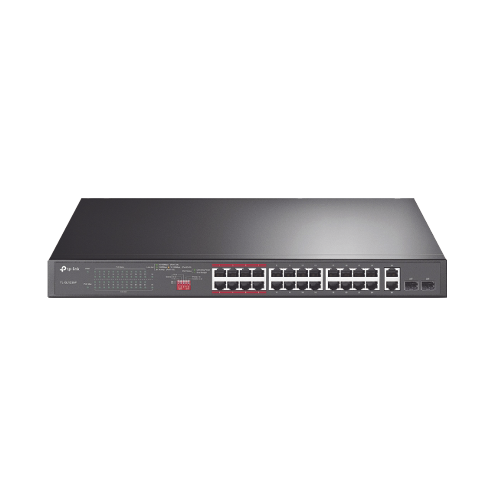 Switch No Administrable 24 Puertos PoE+ 10/100 Mbps / 2 Puertos 10/100/1000 Mbps + 2 Puertos SFP (combo) / Modo Prioridad de Tráfico / Modo Aislamiento de Red / Presupuesto PoE de 250 W / Diseño para Ideal para Vigilancia IP