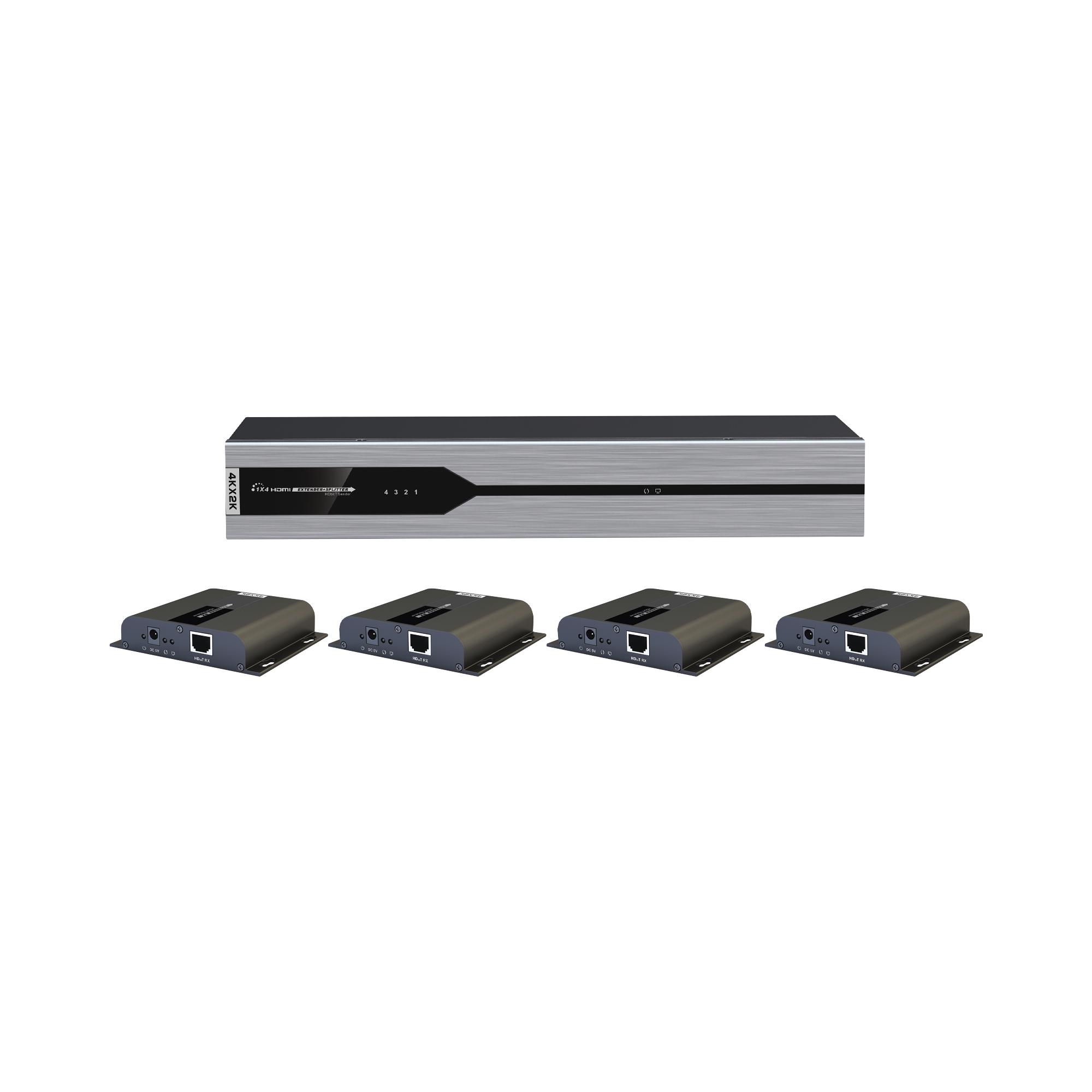 Kit Divisor y Extensor HDMI (Extender Splitter)  / Divide 1 Fuente HDMI a 4 Pantallas / Extiende la señal HDMI hasta 120 m / Resolución 4Kx2K @ 30 Hz / Cat 6/6a / Uso 24/7 / Longitud del cable autoajustable