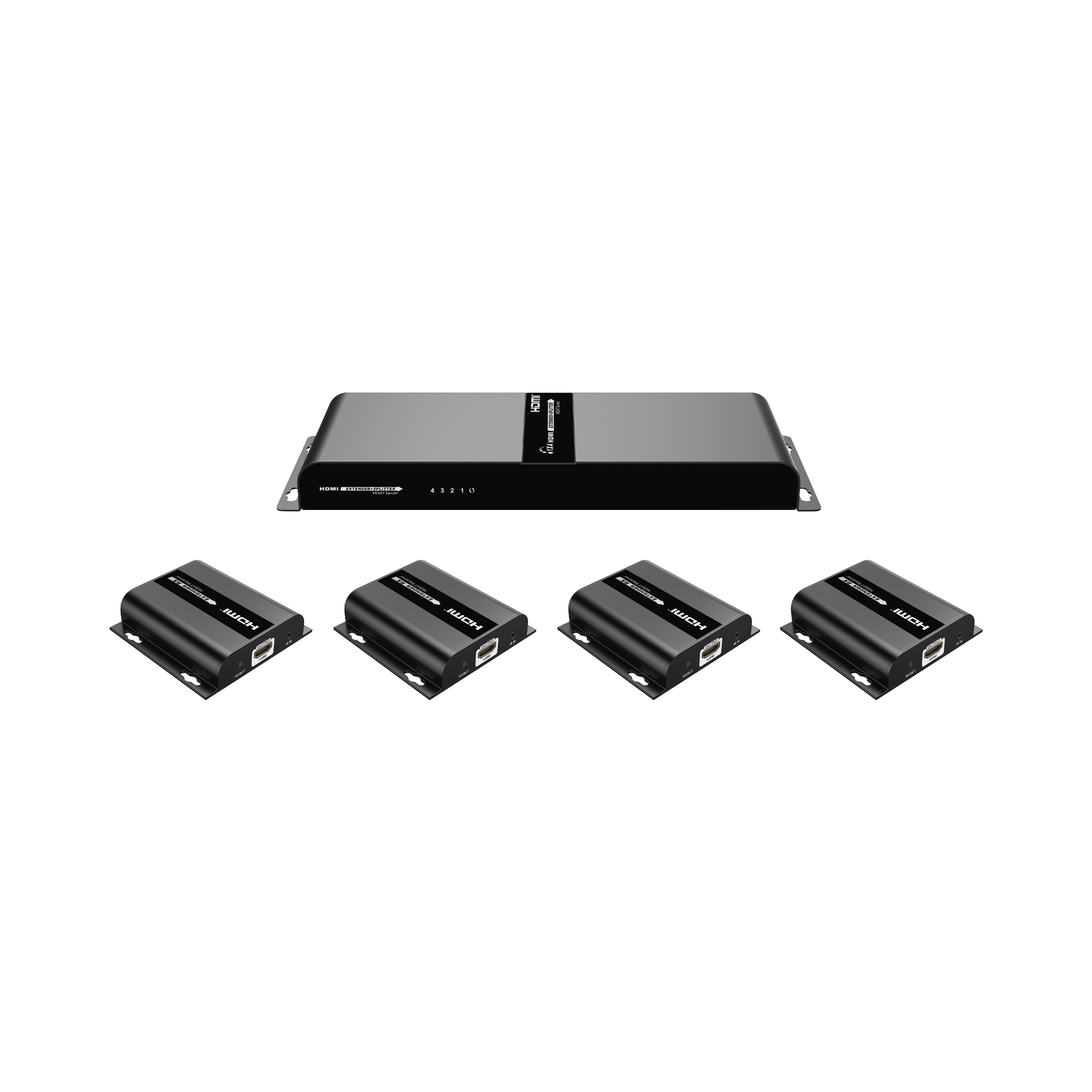 Kit Divisor y Extensor HDMI (Extender Splitter)  / Divide 1 Fuente HDMI a 4 Pantallas / Extiende la señal HDMI hasta 120 m / Resolución 1080P @ 60 Hz / Cat 6/6a / Soporta IR / Baja Latencia / Uso24/7 / Alimente solo el Tx (PoC).