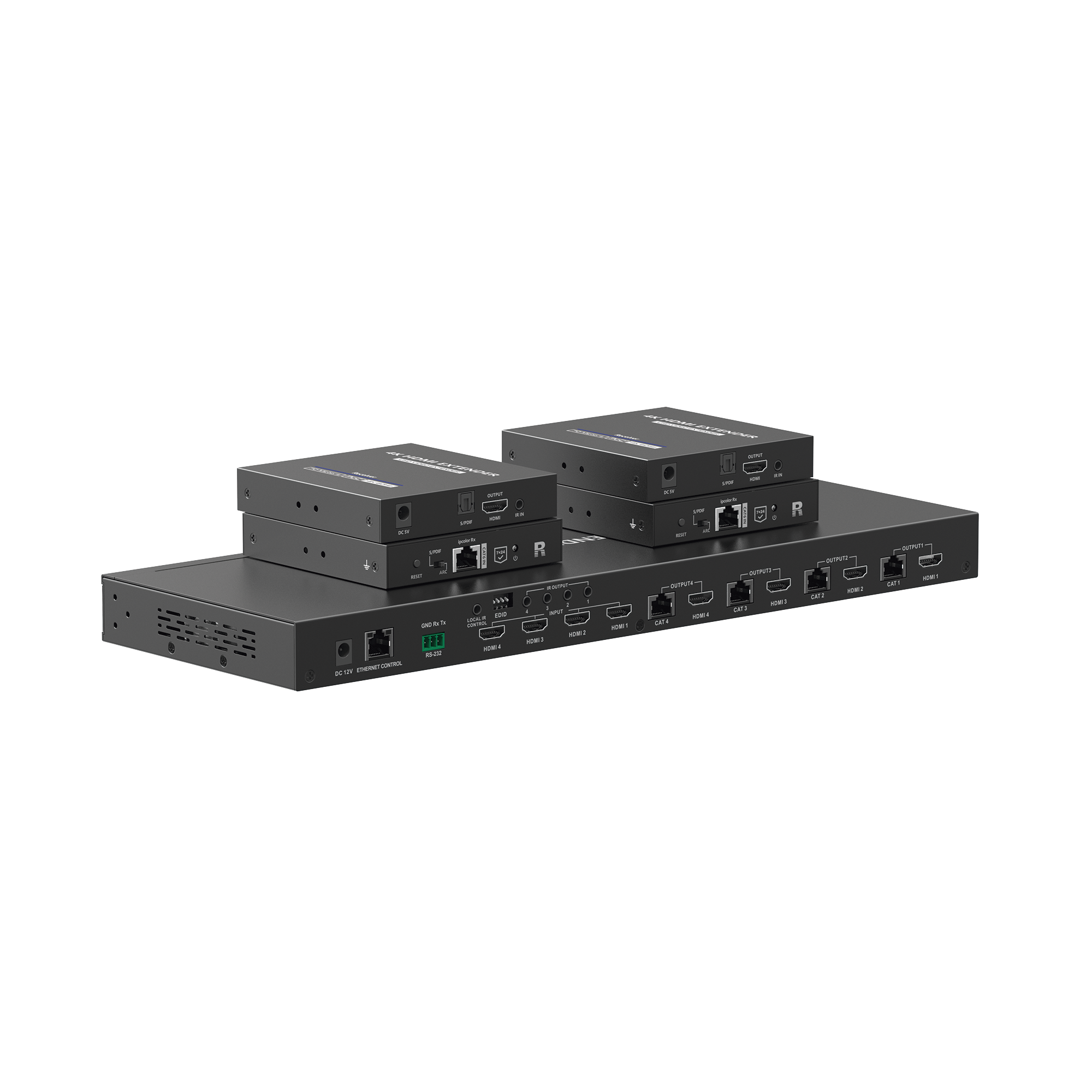 MATRICIAL Y EXTENSOR DE VIDEO HDMI 4 x 4 / 4 Entradas HDMI / 4 Salidas HDMI Loop / 4 Salidas RJ45 para Extender la señal 40 metros por salida  /4K / Conmutación por RS232, Control Remoto o Ethernet.