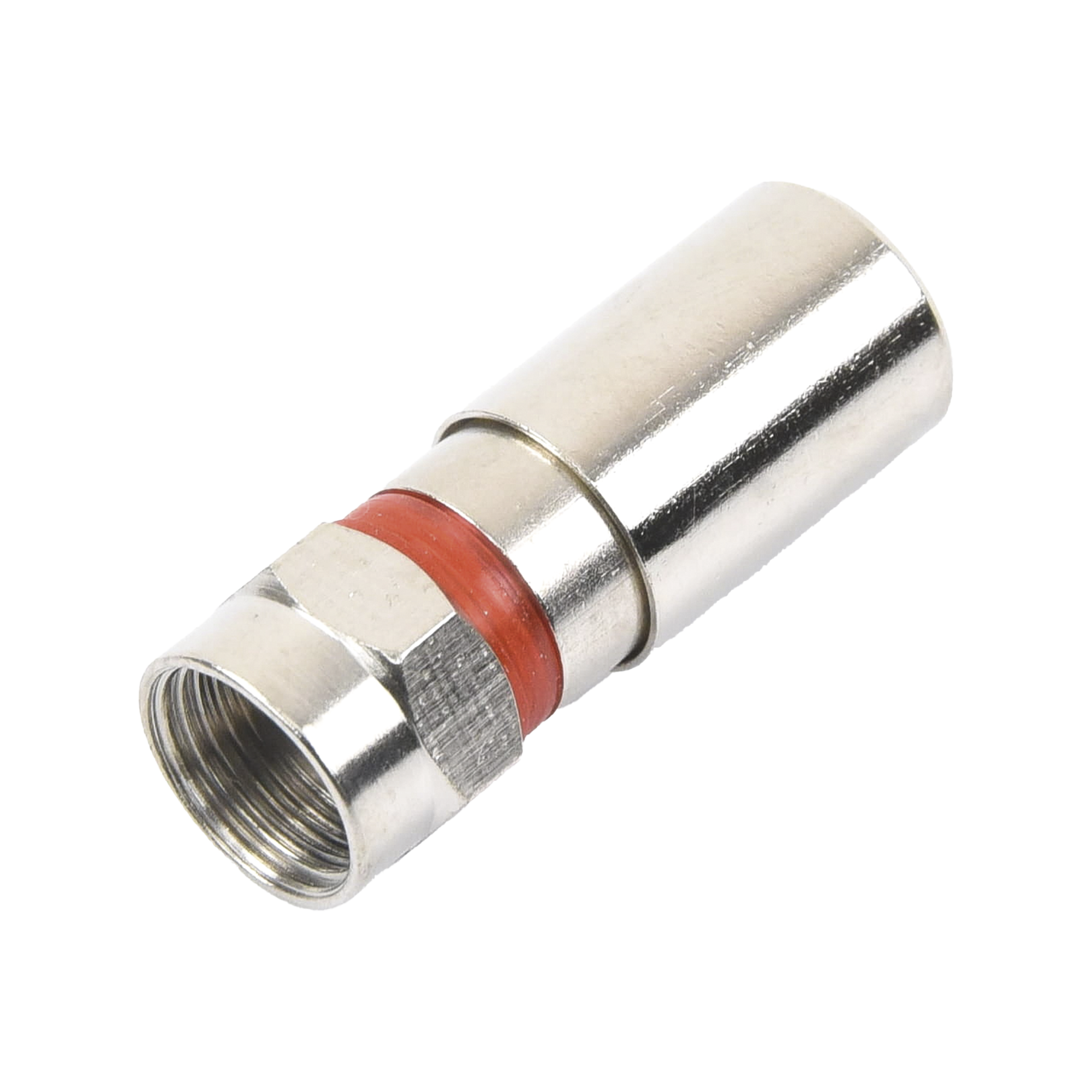Conector F Macho de Compresión, Metálico para cable RG-59, Cuerpo de Bronce Niquelado.