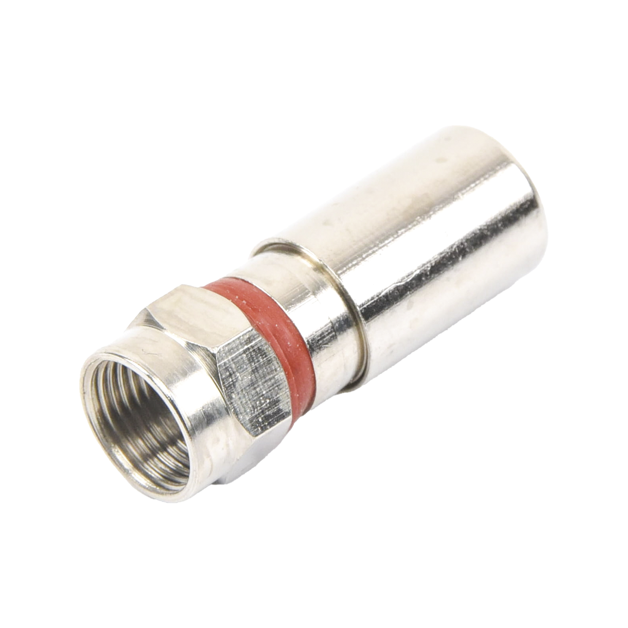 Conector F Macho de Compresión, Metálico para cable RG-6, Cuerpo de Bronce Niquelado.