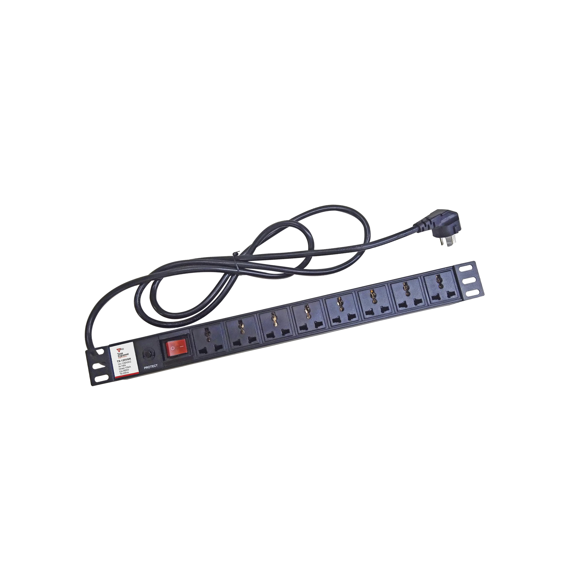 Protector de 120 Vca con 8 contactos de alimentación en color negro para aplicaciones en Rack