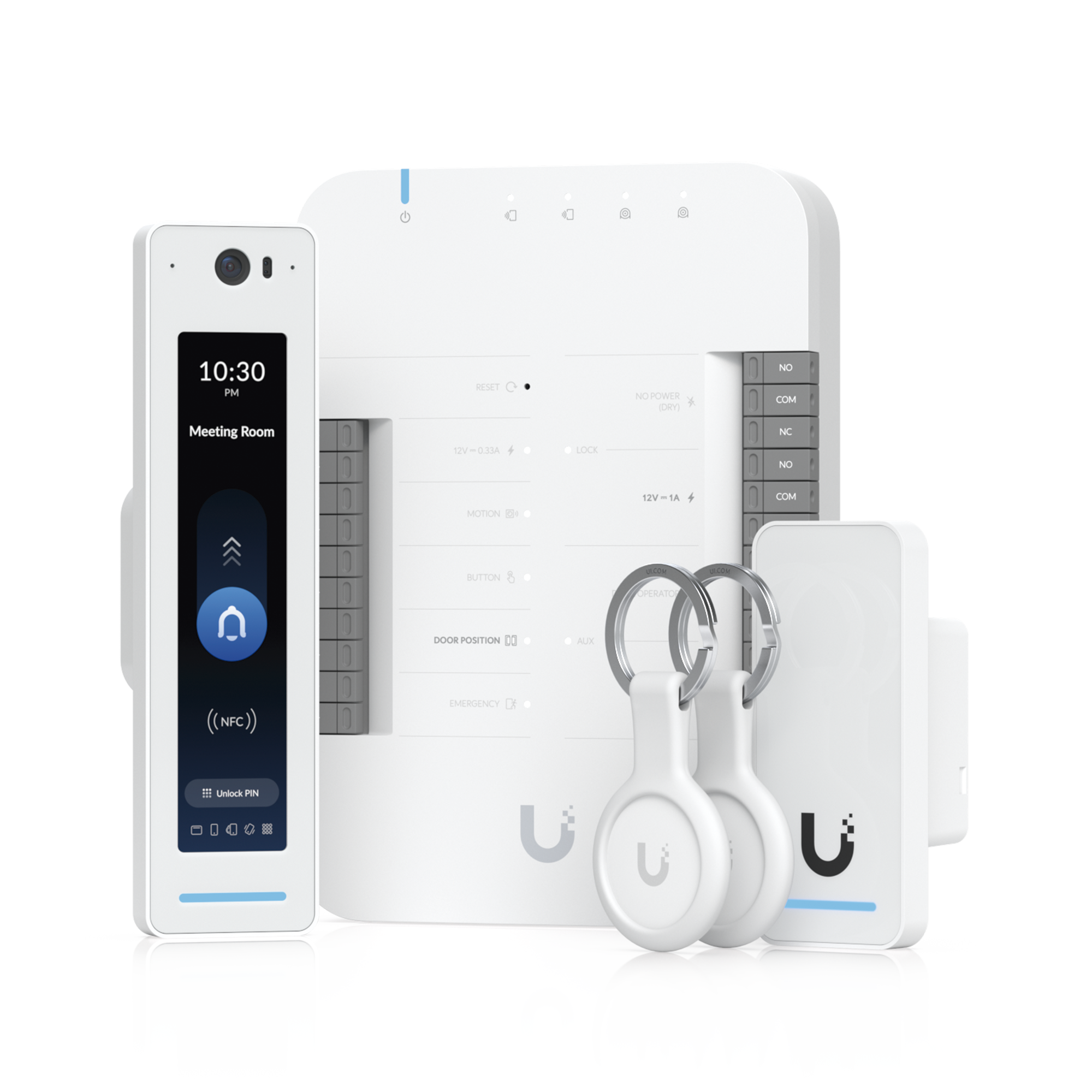 UniFi Access Kit de Inicio Gen2 Profesional para 1 puerta, (1) Lector NFC con pantalla táctil, audio 2 vías y cámara / (1) Lector NFC y de movimiento UA-G2 / Hub para conexiones para controlar una puerta con salida POE y energizar acc
