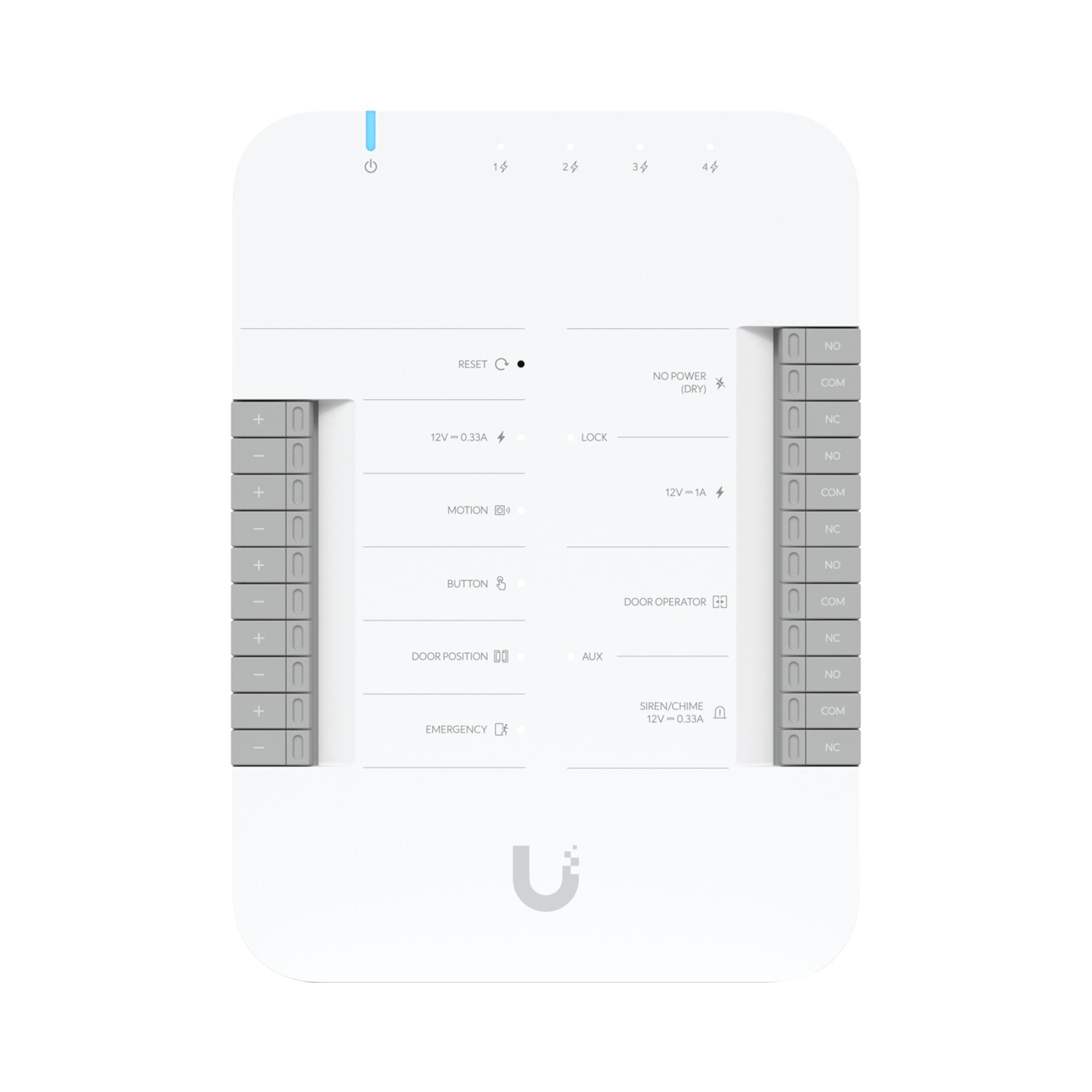 UniFi Access Hub Door, puede conectar 2 lectores y 2 cámaras (no incluidos) para controlar solo una puerta / 2 terminales AUX y 4 entradas adicionales (sensores y botones) POE 802.3bt no incluido
