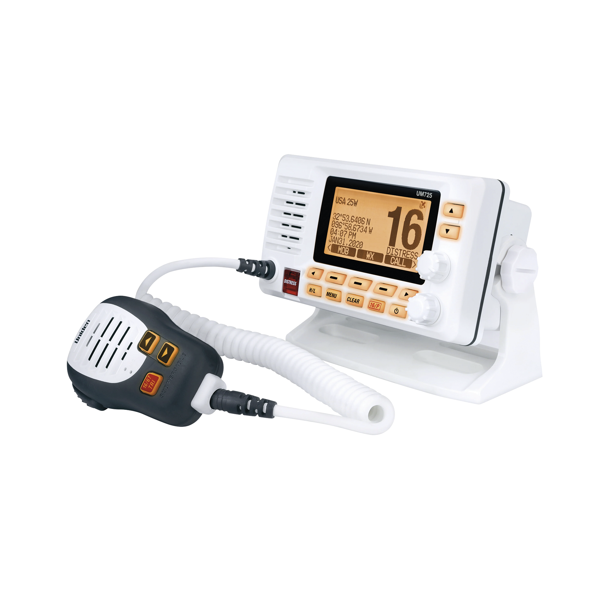 Radio Móvil Marino VHF, color blanco con receptor de GPS integrado, puerto de conexión NMEA 2000, 25W de potencia de RF, sumergible IPX8.