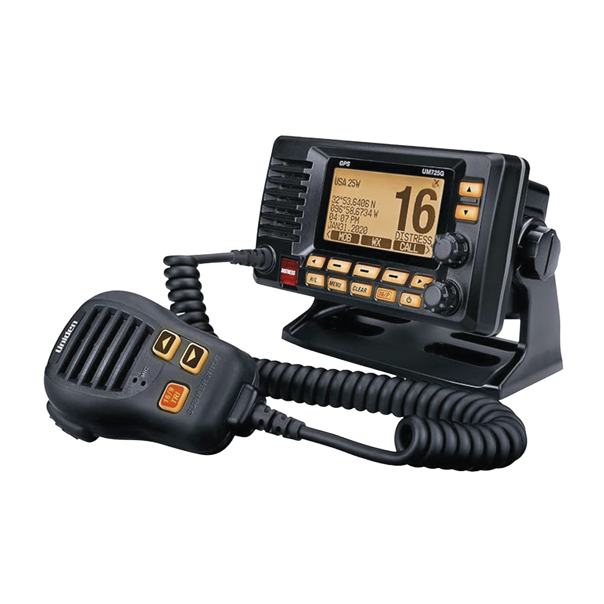 Radio Móvil Marino VHF, color negro con receptor de GPS integrado, puerto de conexión NMEA 2000, 25W de potencia de RF, sumergible IPX8.