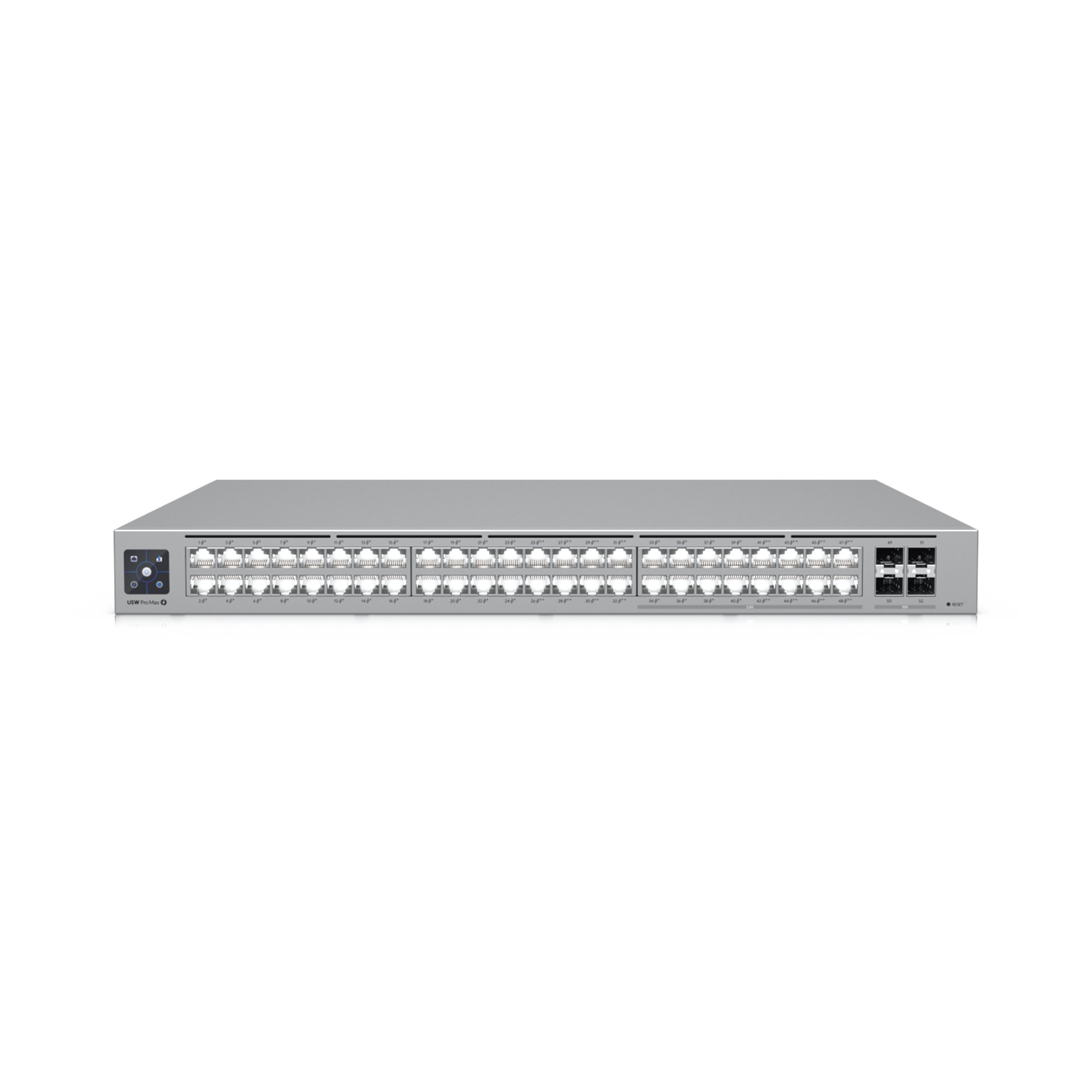 UniFi Switch Pro Max 48 POE, con funciones capa 3, 48 puertos (16 puertos 2.5 GbE (8 POE++ y 8 POE+) y 32 puertos 1 GbE (24 POE+ y 8 POE++)), 2 puertos SFP+ 10G, POE++ 720W, pantalla informativa