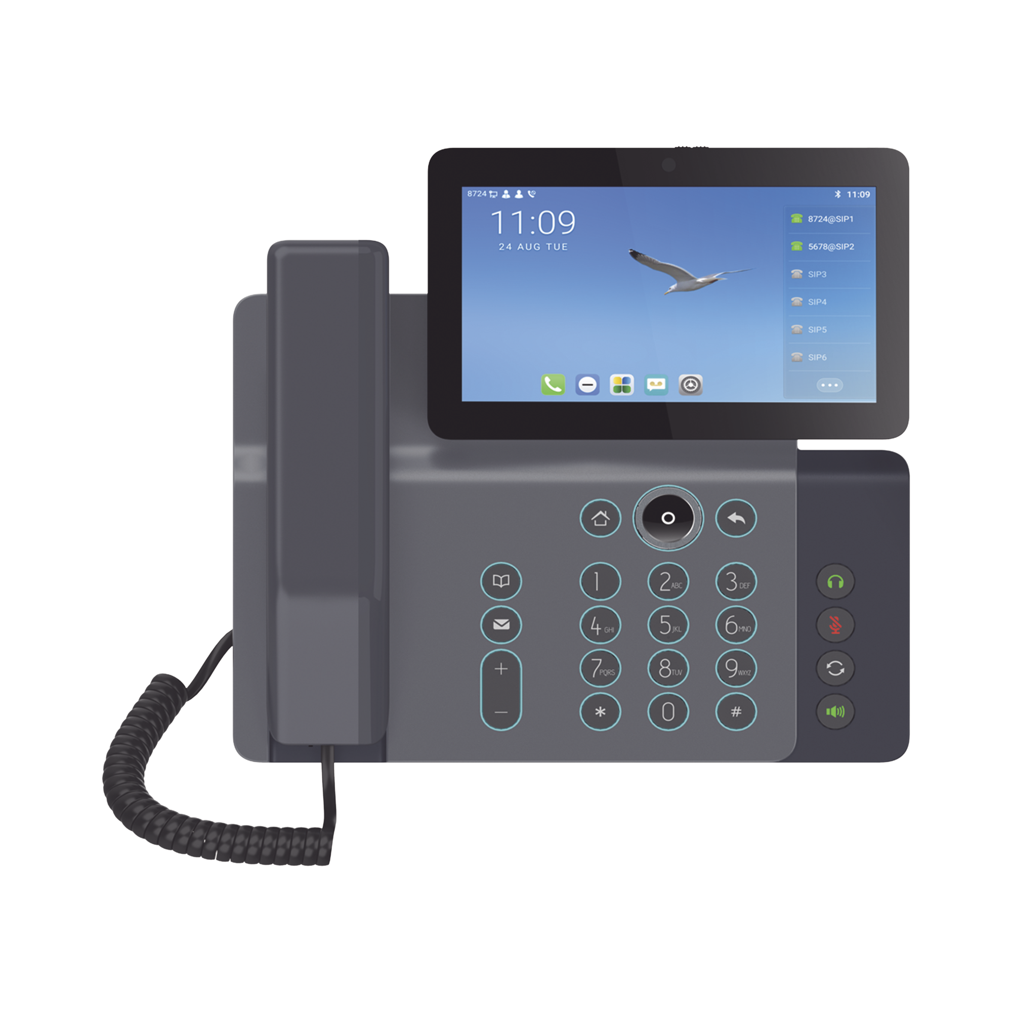 Videoteléfono IP inteligente Insignia, Android 9.0, 20 líneas SIP, pantalla a color 7" ajustable, Teclado de iluminación configurable, PoE, conferencia local de 10 vías.