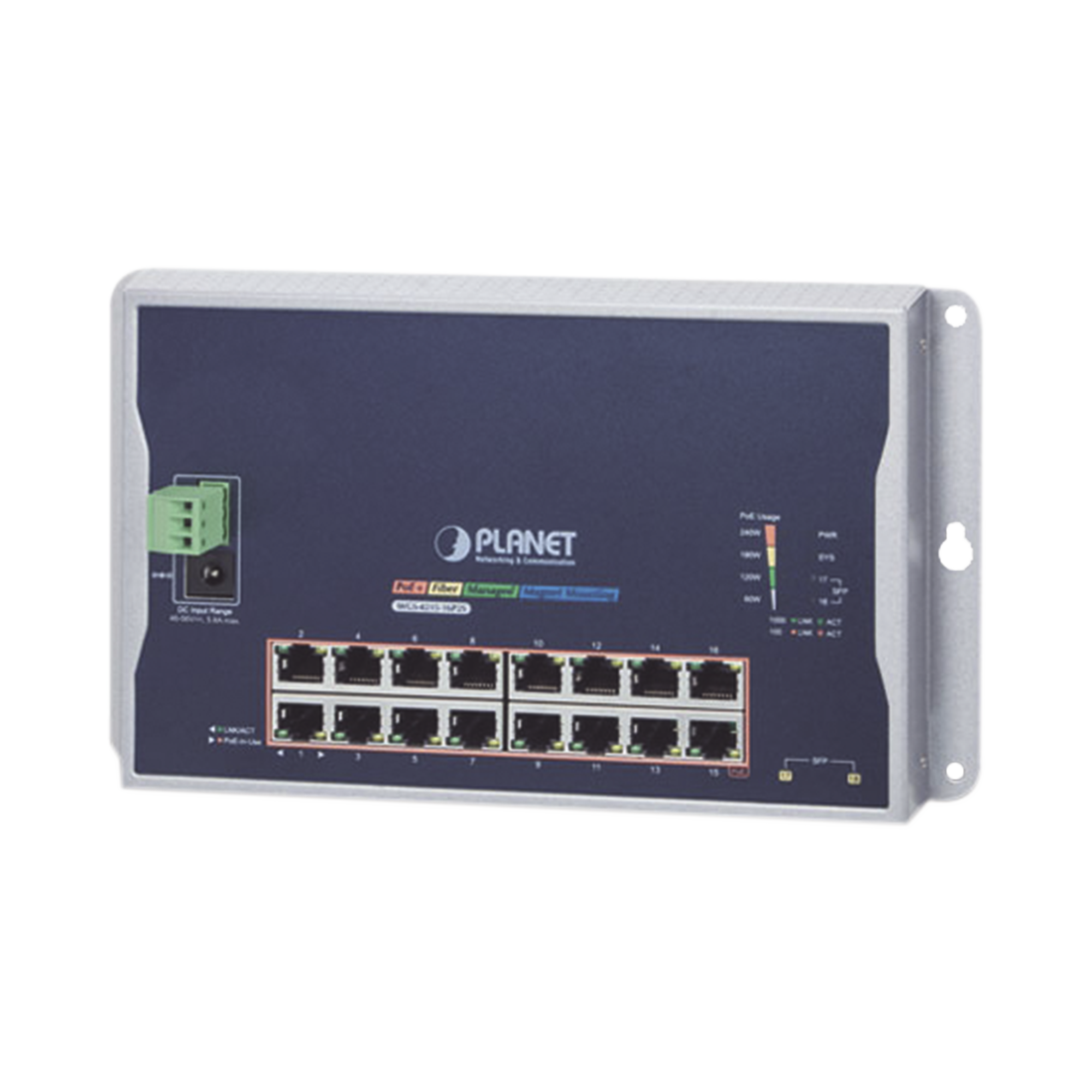 Switch Industrial Administrable Capa 2 de Pared,16 Puertos PoE 802.3at Gigabit y 2 Puertos SFP
