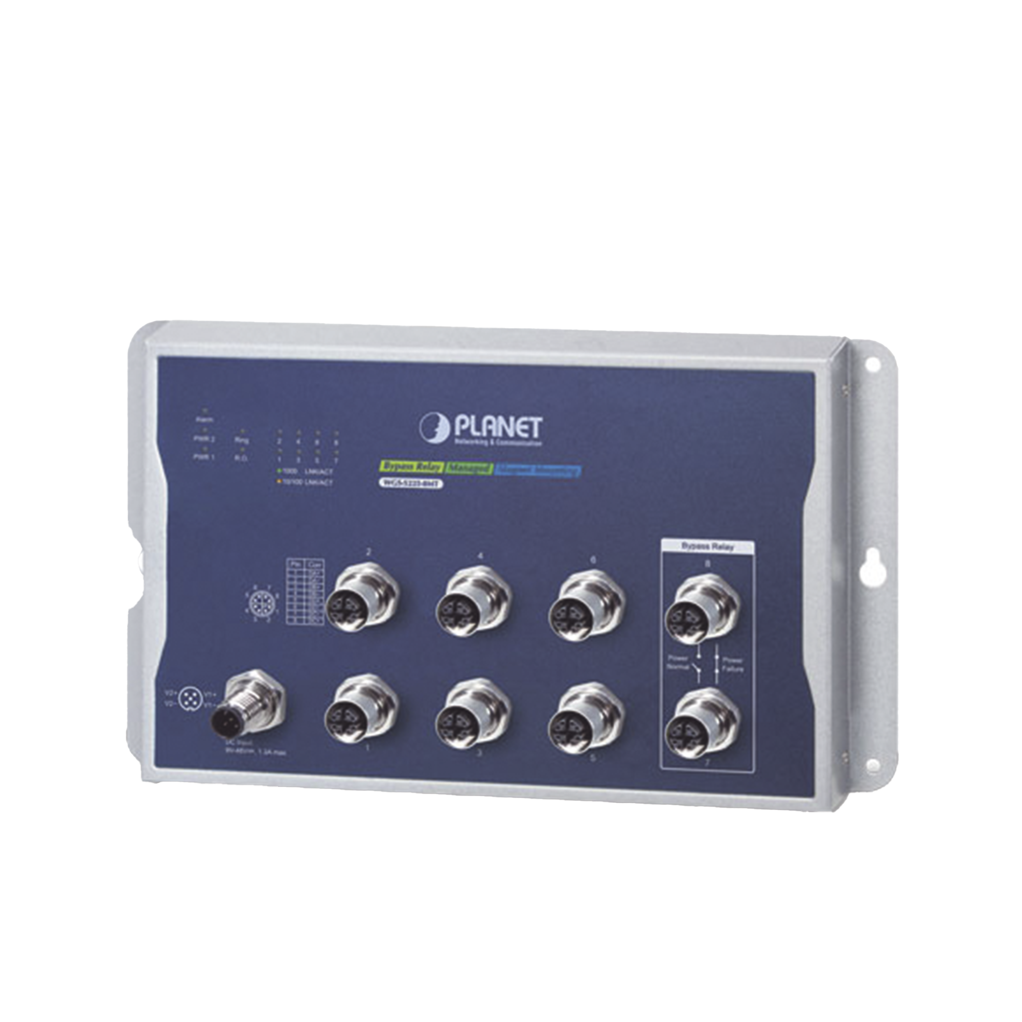 Switch Industrial Tipo Plano, Capa 2, 8 Puertos M12 10/100/1000T, Con Modo Bypass, Carcasa IP40