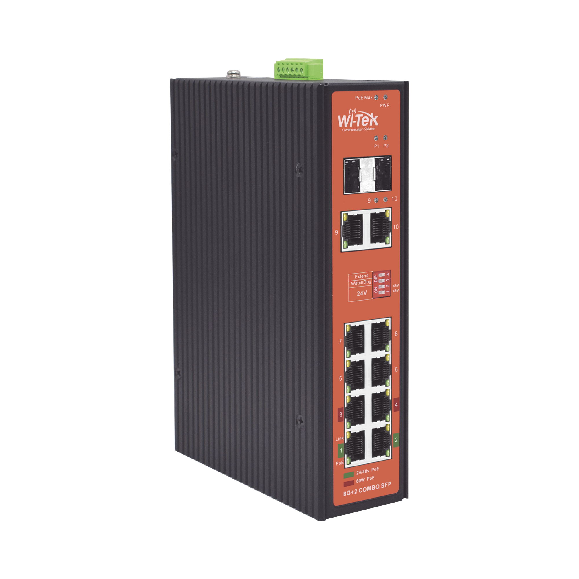Switch PoE Industrial No administrable / Puertos 1-2 PoE 802.3 af/at y PoE 24 Vcc Pasivo 30W / Puertos 3-4 PoE 802.3 af/at/bt Hasta 60W / Puertos 5-8 PoE 802.3 af/at Hasta 30W / Los 8 puertos son Gigabit + 2 SFP combo / Presupuesto 300W