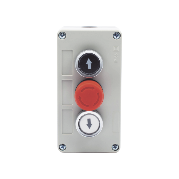 Botonera Triple con Boton de Stop Tipo Enclavado / Para Barreras Vehiculares, Operadores Corredizos y Abatibles.